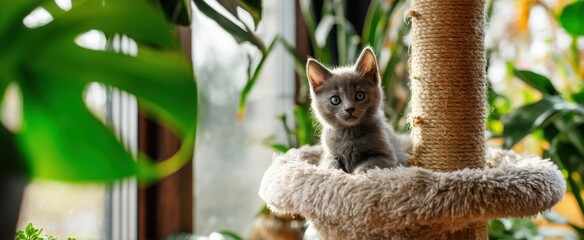 Naklejka premium The cute gray kitten resting on a plush cat tree surrounded by greenery.