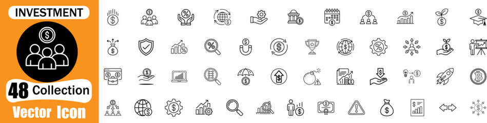 Investment icon set. Containing investor, mutual fund, asset, risk management, economy, financial gain, interest, and stock icons. Solid icon collection.
