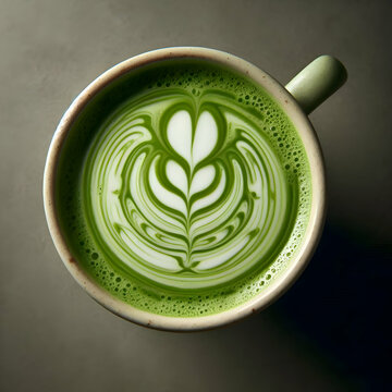 A hot cup of matcha latte in a cream-colored mug, top-down view, smooth green surface