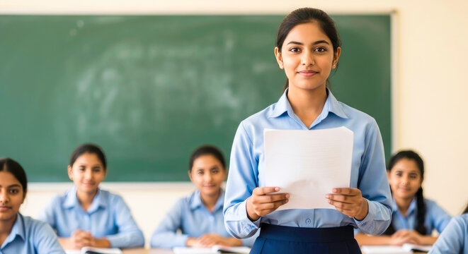 Confident Schoolgirl Giving Presentation in Classroom - Powered by Adobe