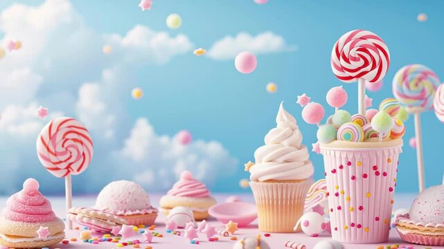 Colorful candy land with sweet treats and lollipops, bright and fun