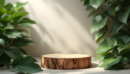 Rustic Wooden Pedestal with Soft Green Leaves and Sunlight