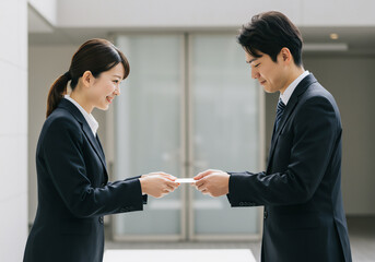 Businessman and businesswoman exchanging business cards in office