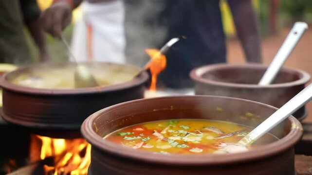 preparation of onam sadya feast. various dishes cooking in terracotta pots over open fires, steam rising. concept of traditional indian cuisine, kerala food. cooking, food, culinary art