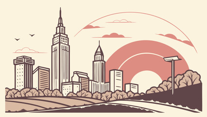 Obraz premium Illustration of a city skyline with tall buildings trees and a stylized sun in a vintage color palette