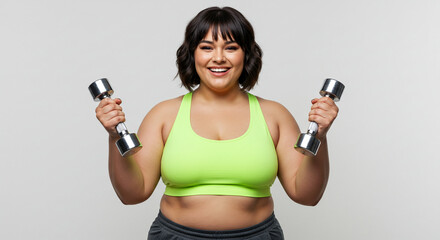 Smiling overweight woman doing exercises with dumbbells on white background