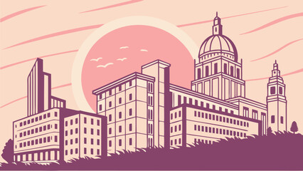 Fototapeta premium Cityscape silhouette with buildings and dome against a pink sun and sky background design scene view