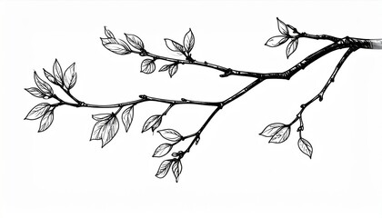 Naklejka premium Black And White Line Art Branch With Leaves Drawing