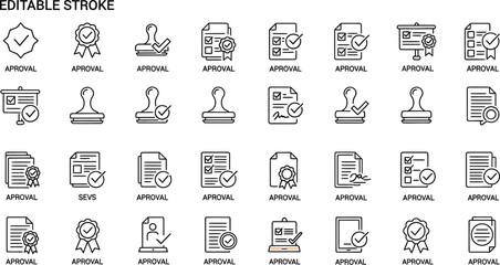 Collection of approval icons with editable strokes on a white background