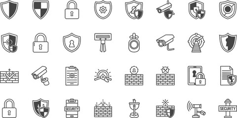 A collection of security and protection icons in grayscale vector format