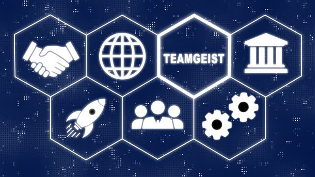 A businessman pressing a Team Spirit "Teamgeist" button in German .Hi tech motion graphic background, white flickering dots on black background. Business, Technology, Internet and network concept.