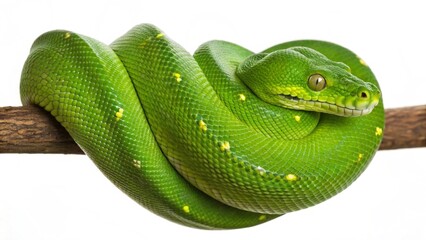 Fototapeta premium Vibrant green tree python expertly coiled around a branch, showcasing its striking emerald scales and intense yellow eyes against a clean white background. Perfect for themes of exotic animals, 