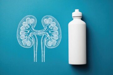 Symbolic image of water bottle and urinary system sketch