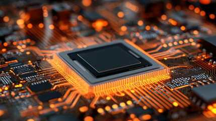 Close-up View of a Modern Microprocessor Chip on Circuit Board with Glowing Orange Background Enhancing Technological Aesthetics and Intricate Details 