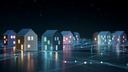Digital smart city concept with interconnected glowing houses on a futuristic network.