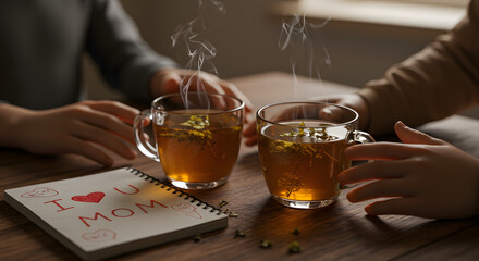 Warm Mother's Day Moment: Mother and Child Sharing Tea with a Loving Note