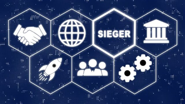 A Winner "Sieger" button in German on a futuristic .Hi tech motion graphic background, white flickering dots on black background. Business, Technology, Internet and network concept.