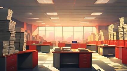 Cramped government office drowning in towering stacks of paperwork, files, and folders representing bureaucracy and administration