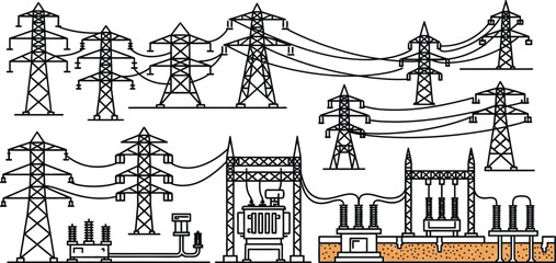 Illustration of power lines and electrical transformers on a white background