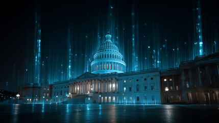 financial data, government building. A futuristic view of the Capitol building with blue data streams, symbolizing technology and governance at night. 