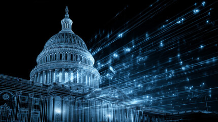 financial data, government building. A futuristic view of the Capitol building with blue data streams, symbolizing technology and governance at night. 