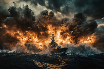 A warship on dark, choppy waters is engulfed by a massive, fiery explosion and billowing orange smoke against a dark sky.