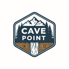 A colorful graphic depicting a badge, cave, point, and stalactite icon.