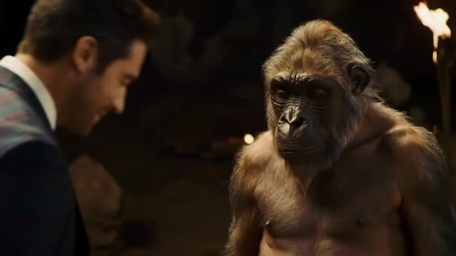 Modern Man Talking with Ape Ancestor, Human Evolution and Cultural Contrast Concept