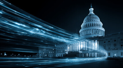 financial data, government building. A futuristic view of the Capitol building with blue data streams, symbolizing technology and governance at night. 