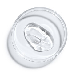 Cosmetic product in Petri dish isolated on white, top view