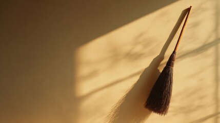 Witch broom casting long shadow on warm wall in golden hour light perfect for Halloween minimal compositions, spooky design concepts and enchanted object themes