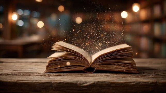 Old book opened on wooden table with glowing magical dust floating in air ideal for Halloween fantasy stories, spellbook scenes and enchanted library visuals