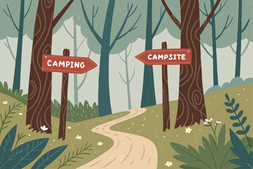 Vector illustration of a forest trail with direction signs. Signs lead to various destinations; mountains, waterfalls, rivers.