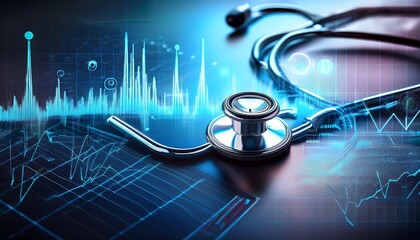 stethoscope on digital screen with medical data and heartbeat graph concept healthcare technology