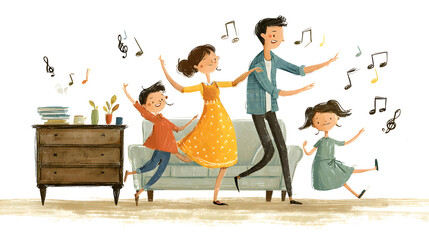 a family dancing together in the living room