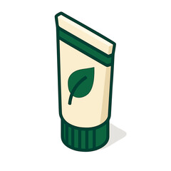Organic Cream Tube Isometric Icon, Plastic, Beige and Green, Transparent Background