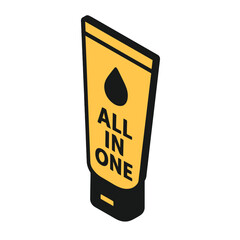 All-in-One Tube Isometric Icon, Plastic, Yellow and Black, Transparent Background