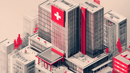 Modern hospital building with red cross symbol showing healthcare and medical services