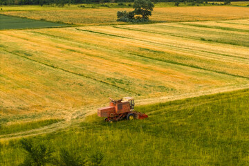 Vintage red combine harvester standing on a large green and yellow agricultural field, symbolizing...