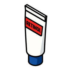 Retinol Tube Isometric Icon, Plastic, White and Blue with Red Label, Transparent Background