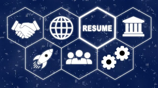A Resume concept button on a futuristic. Hi tech motion graphic background, white flickering dots on blue background. Business, Technology, Internet and network concept.
