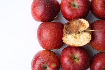 Spoiled apple and good ones on white background, flat lay