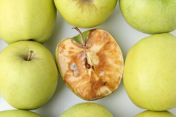 Spoiled apple and good ones on white background, flat lay