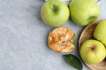 Spoiled apple and good ones on grey table, flat lay. Space for text