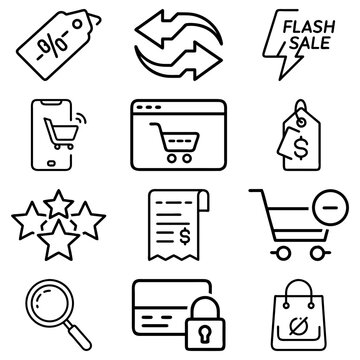 Collection of e commerce icons featuring shopping cart, price tag, arrows, and payment related symbols