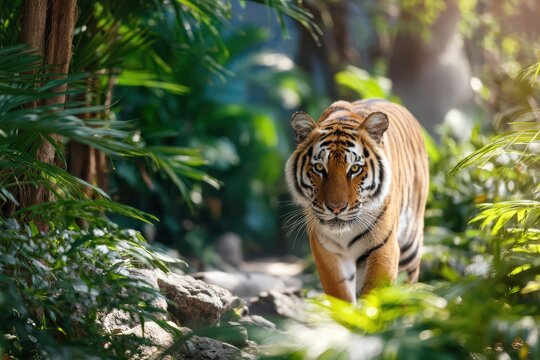 a malayan tiger walking through dense rainforest