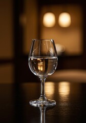 Obraz premium ワイングラスに注がれた水、静かな和空間での一杯