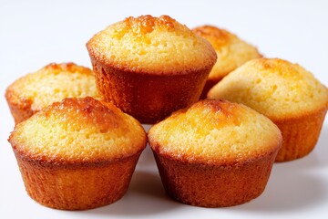 Mini corn muffins arranged in an appealing manner on a white background showcasing their golden tops and fluffy textures, perfect for snacks or brunch occasions