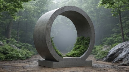 Exploring the abstract u-turn sculpture in a foggy forest a quiet solitude experience with nature