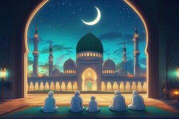 People are praying in front of the mosque at night
